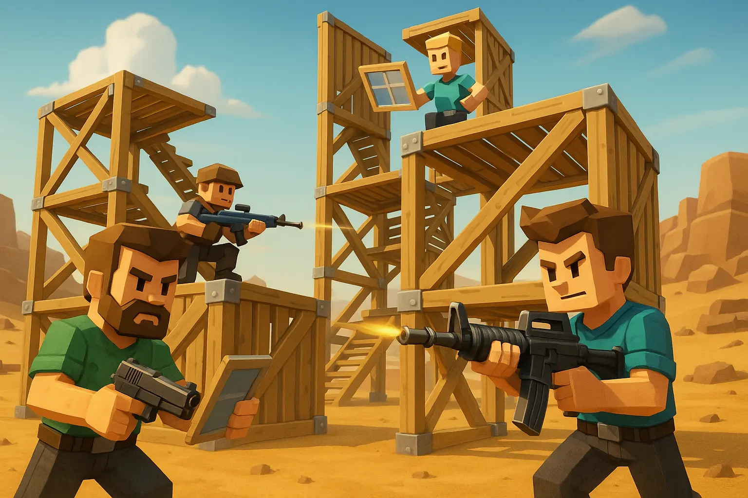 Battle build scene in BuildNow GG with towers and guns