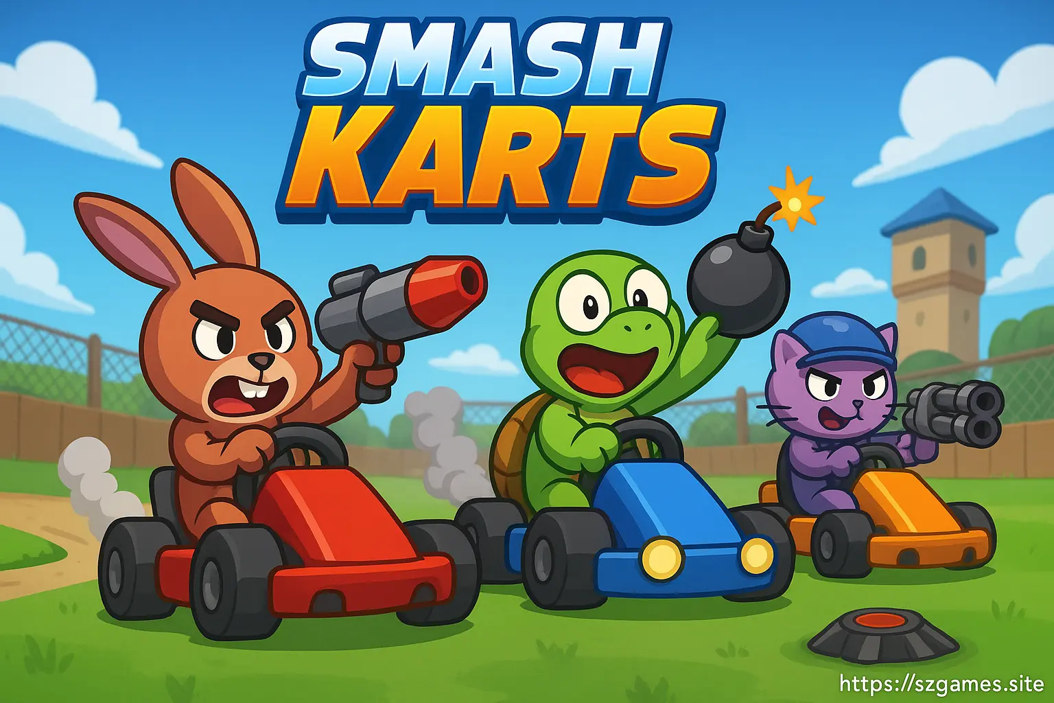 Smash Karts gameplay with colorful cartoon racers in battle, each firing weapons in a 3D arena—featured on SZ Games.