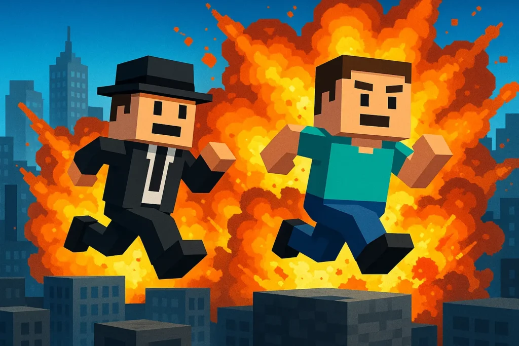 Action scene from Getaway Shootout with pixel fighters escaping