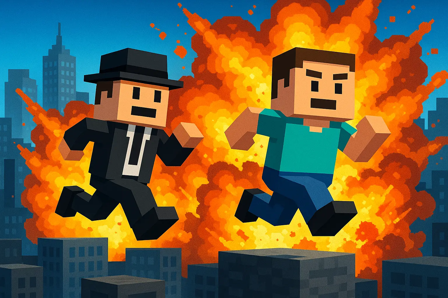 Action scene from Getaway Shootout with pixel fighters escaping